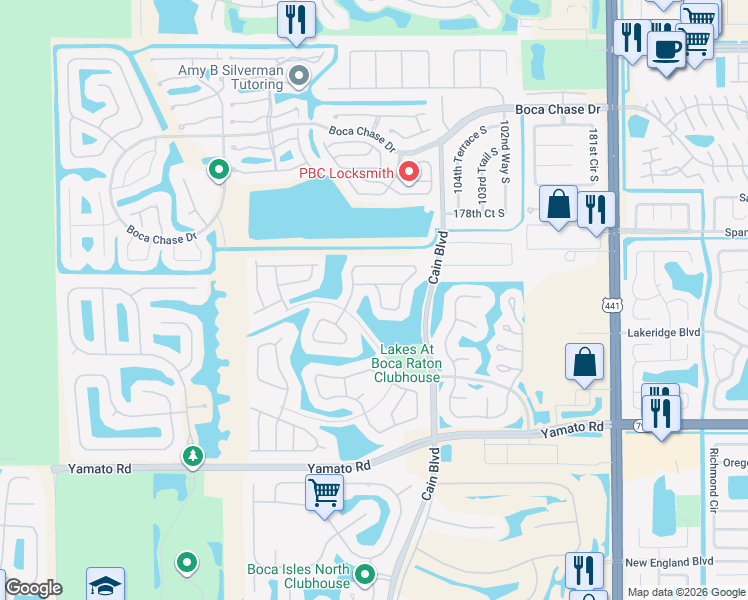 map of restaurants, bars, coffee shops, grocery stores, and more near 10520 Plainview Circle in Boca Raton