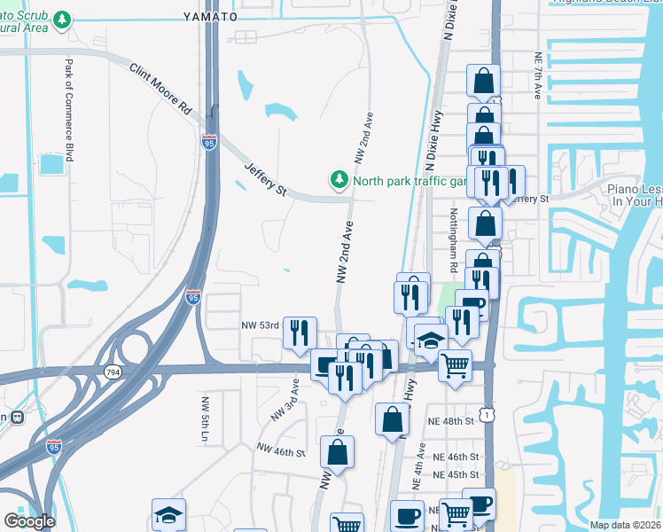 map of restaurants, bars, coffee shops, grocery stores, and more near 5401 Northwest 2nd Avenue in Boca Raton