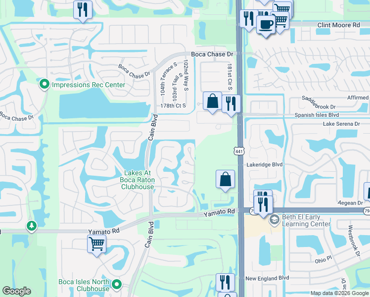 map of restaurants, bars, coffee shops, grocery stores, and more near 18596 Woodstream Drive in Boca Raton