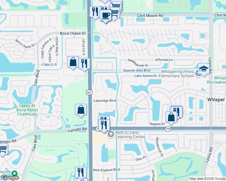map of restaurants, bars, coffee shops, grocery stores, and more near 9809 Ridge Creek Road in Boca Raton