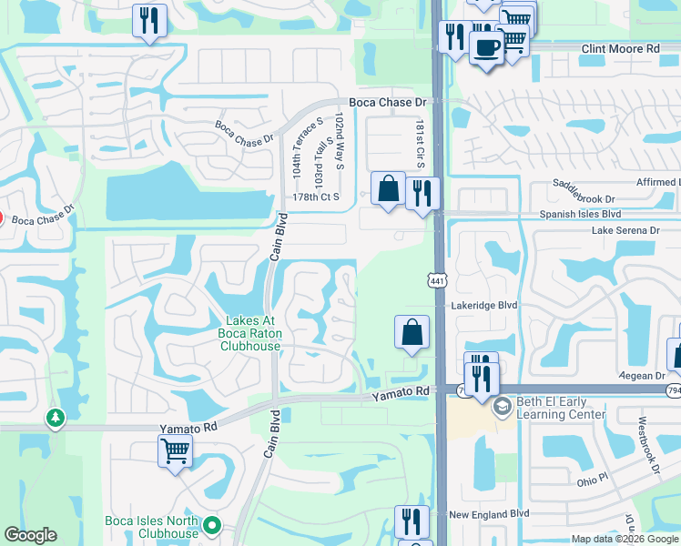 map of restaurants, bars, coffee shops, grocery stores, and more near 18596 Woodstream Drive in Boca Raton