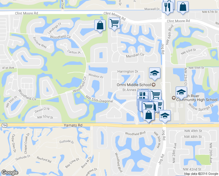 map of restaurants, bars, coffee shops, grocery stores, and more near 5700 Hamilton Way in Boca Raton