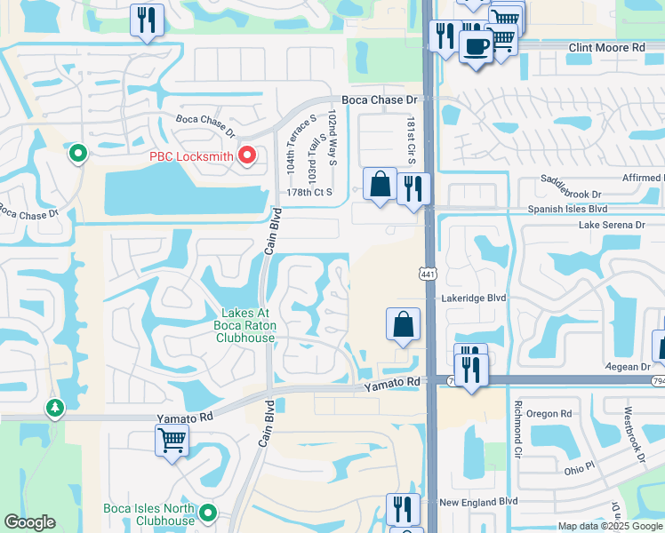 map of restaurants, bars, coffee shops, grocery stores, and more near 18596 Woodstream Drive in Boca Raton