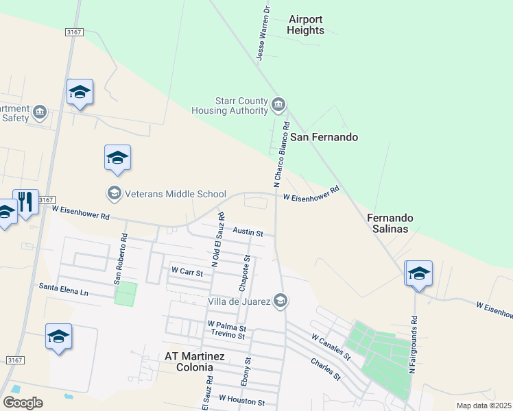 map of restaurants, bars, coffee shops, grocery stores, and more near 1724 Austin Street in Rio Grande City
