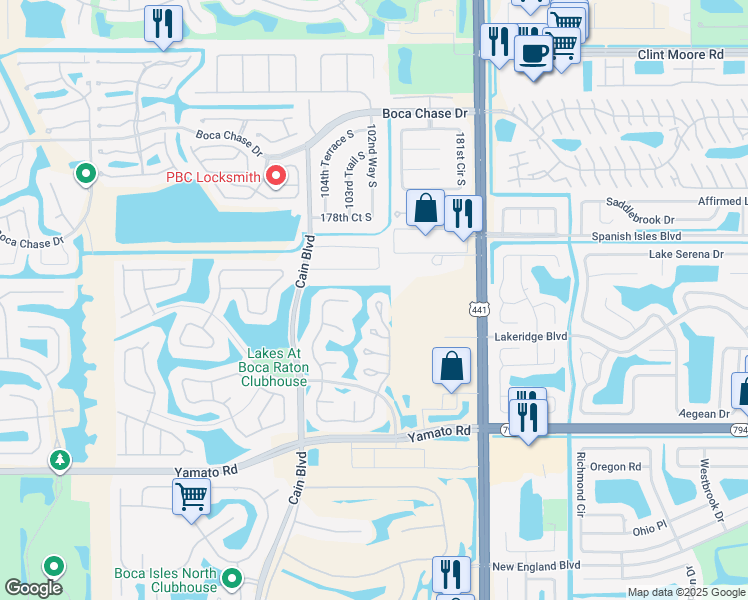 map of restaurants, bars, coffee shops, grocery stores, and more near 18596 Woodstream Drive in Boca Raton