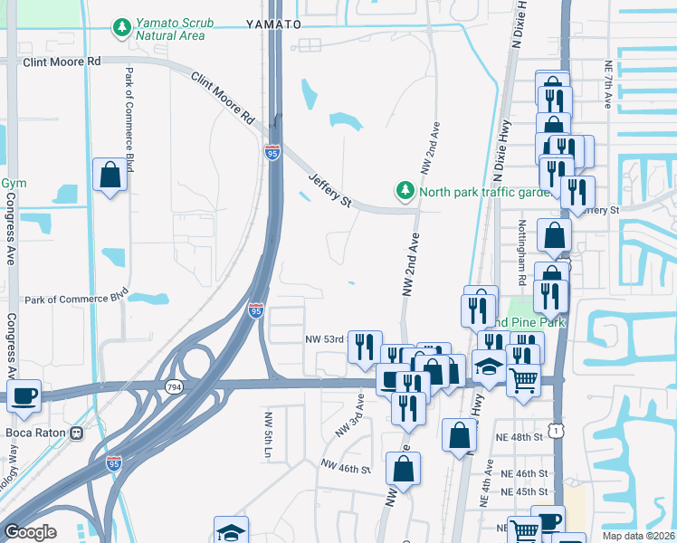 map of restaurants, bars, coffee shops, grocery stores, and more near 5590 Northwest 3rd Terrace in Boca Raton