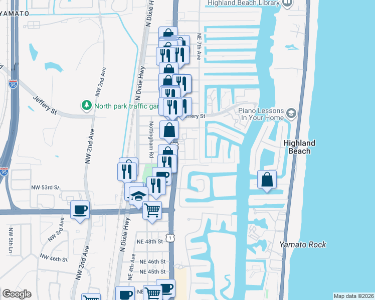 map of restaurants, bars, coffee shops, grocery stores, and more near 5660 Northeast Trieste Way in Boca Raton