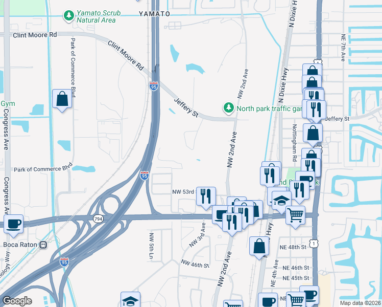 map of restaurants, bars, coffee shops, grocery stores, and more near 5590 Northwest 3rd Terrace in Boca Raton