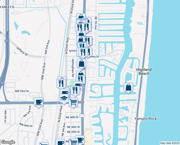 map of restaurants, bars, coffee shops, grocery stores, and more near 5660 Northeast Trieste Way in Boca Raton