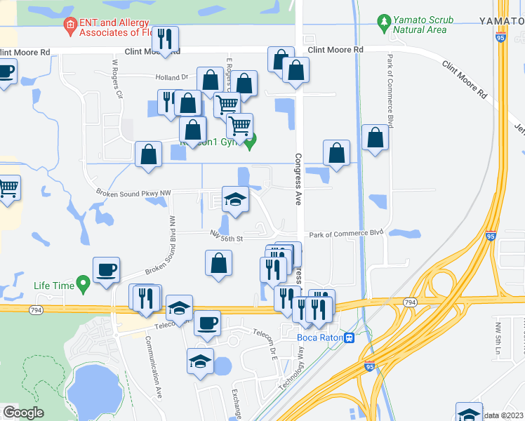 map of restaurants, bars, coffee shops, grocery stores, and more near 851 Broken Sound Parkway Northwest in Boca Raton
