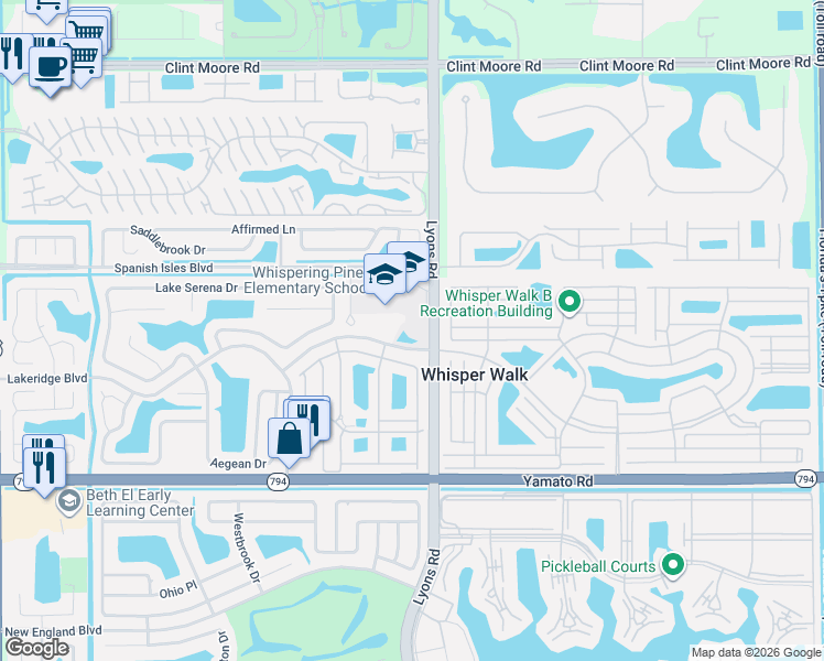 map of restaurants, bars, coffee shops, grocery stores, and more near 18603 Egret Way in Boca Raton