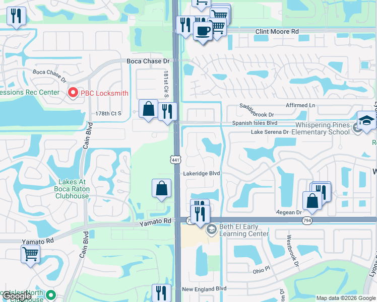 map of restaurants, bars, coffee shops, grocery stores, and more near 9970 Robins Nest Road in Boca Raton