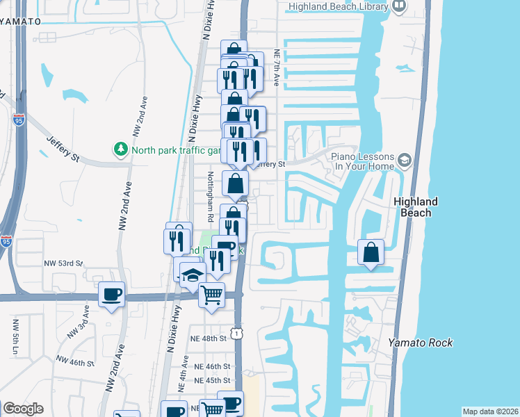 map of restaurants, bars, coffee shops, grocery stores, and more near 5660 Northeast Trieste Way in Boca Raton