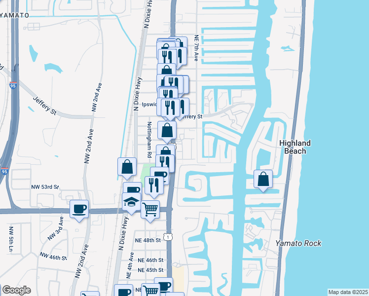 map of restaurants, bars, coffee shops, grocery stores, and more near 5660 Northeast Trieste Way in Boca Raton