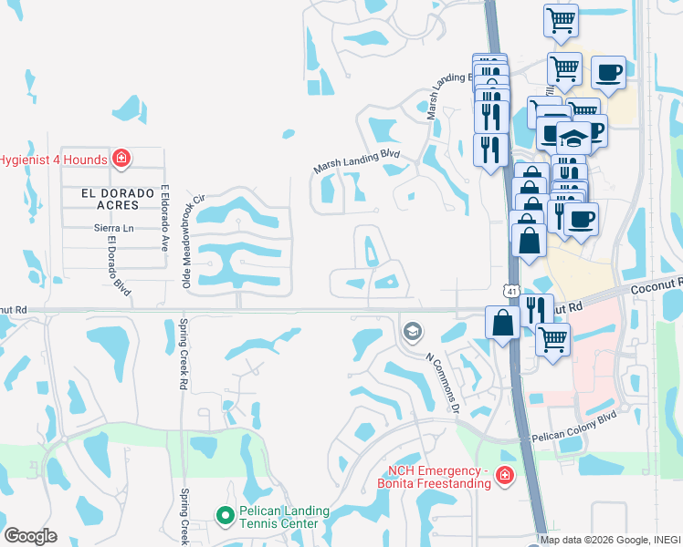 map of restaurants, bars, coffee shops, grocery stores, and more near 23101 Coconut Shores Drive in Bonita Springs