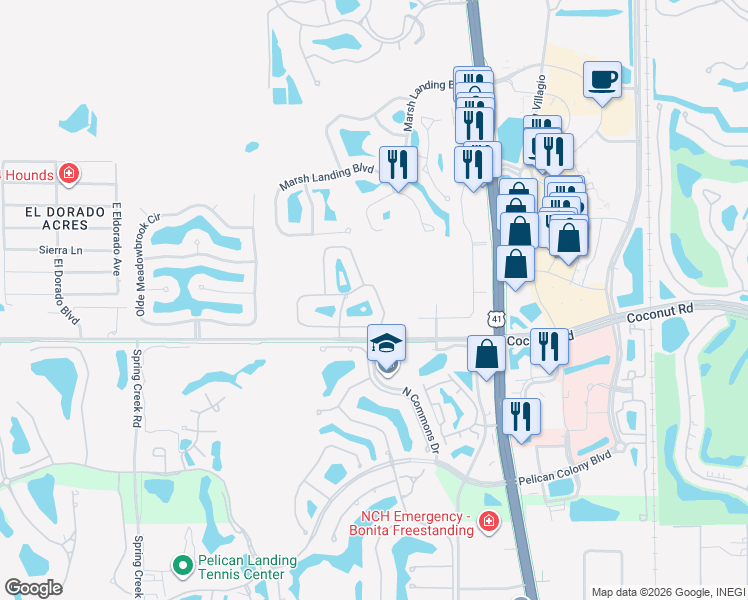 map of restaurants, bars, coffee shops, grocery stores, and more near 23255 Coconut Shores Drive in Bonita Springs