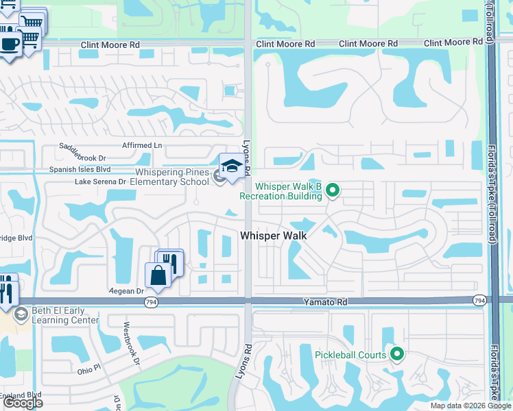 map of restaurants, bars, coffee shops, grocery stores, and more near 18595 Egret Way in Boca Raton