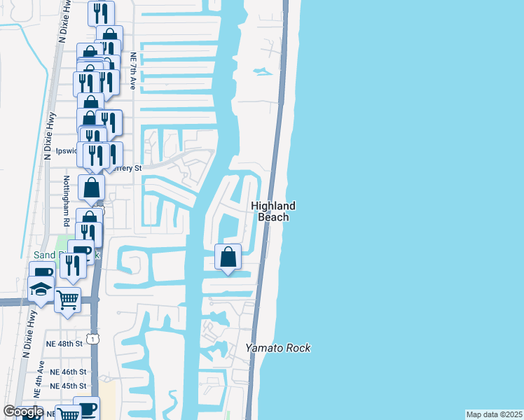 map of restaurants, bars, coffee shops, grocery stores, and more near 4225 Tranquility Drive in Highland Beach