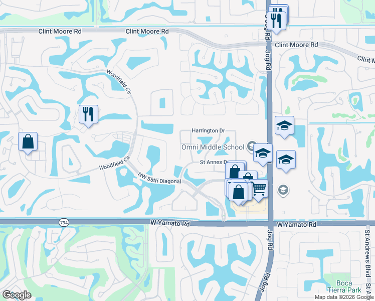 map of restaurants, bars, coffee shops, grocery stores, and more near 5799 Hamilton Way in Boca Raton