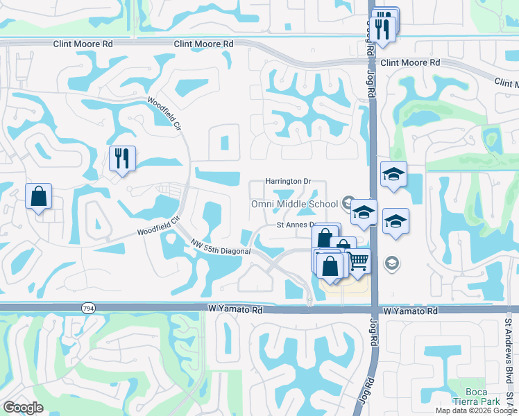 map of restaurants, bars, coffee shops, grocery stores, and more near 5799 Hamilton Way in Boca Raton