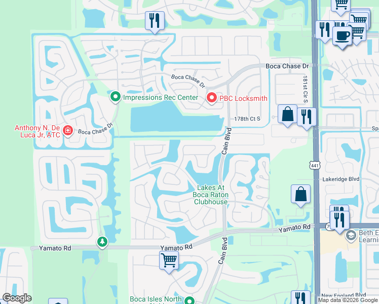 map of restaurants, bars, coffee shops, grocery stores, and more near 10643 Plainview Circle in Boca Raton