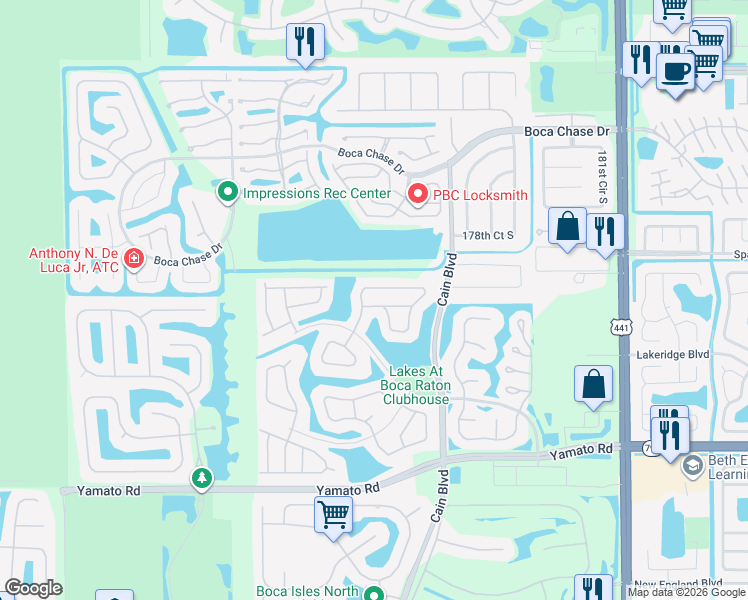 map of restaurants, bars, coffee shops, grocery stores, and more near 10643 Plainview Circle in Boca Raton