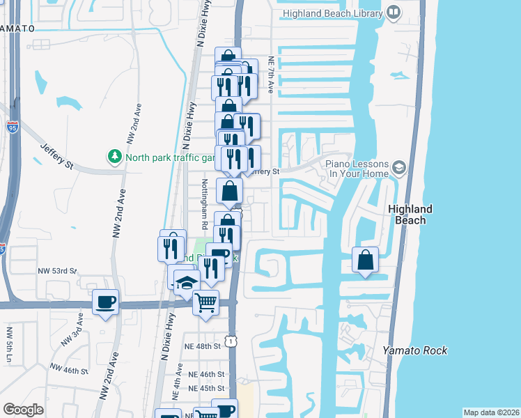 map of restaurants, bars, coffee shops, grocery stores, and more near 5660 Northeast Trieste Way in Boca Raton
