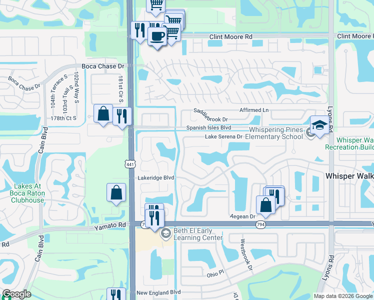 map of restaurants, bars, coffee shops, grocery stores, and more near 9520 Lake Serena Drive in Boca Raton