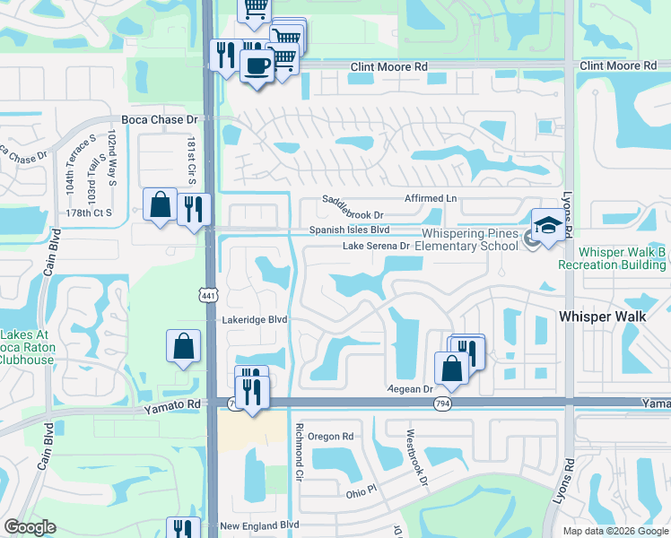 map of restaurants, bars, coffee shops, grocery stores, and more near 9700 Enchanted Pointe Lane in Boca Raton