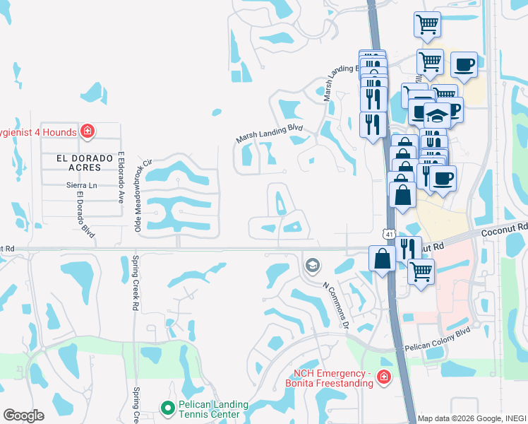 map of restaurants, bars, coffee shops, grocery stores, and more near 23101 Coconut Shores Dr in Bonita Springs