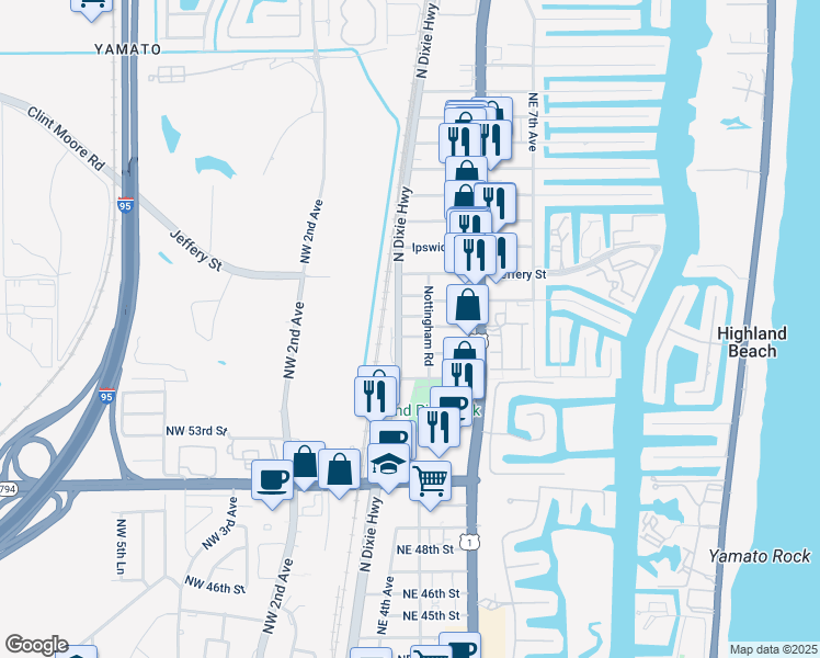 map of restaurants, bars, coffee shops, grocery stores, and more near 151 Manchester Street in Boca Raton
