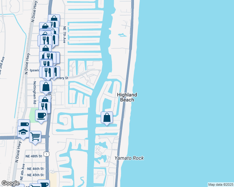map of restaurants, bars, coffee shops, grocery stores, and more near 4225 Tranquility Drive in Highland Beach
