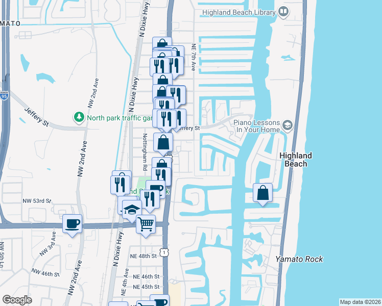 map of restaurants, bars, coffee shops, grocery stores, and more near 5660 Northeast Trieste Way in Boca Raton