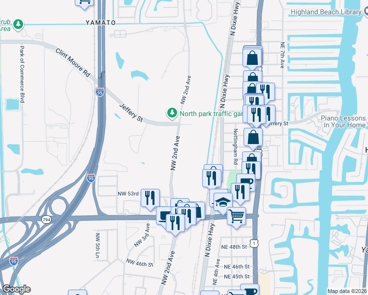 map of restaurants, bars, coffee shops, grocery stores, and more near 5701 Northwest 2nd Avenue in Boca Raton