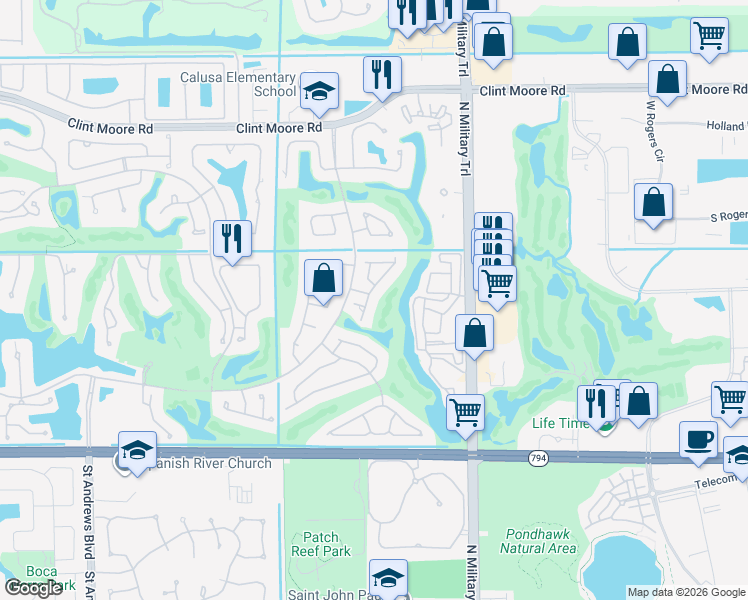 map of restaurants, bars, coffee shops, grocery stores, and more near 5798 Northwest 21st Avenue in Boca Raton