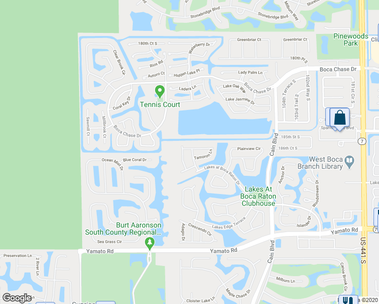 map of restaurants, bars, coffee shops, grocery stores, and more near 18451 East Covington Trace in Boca Raton