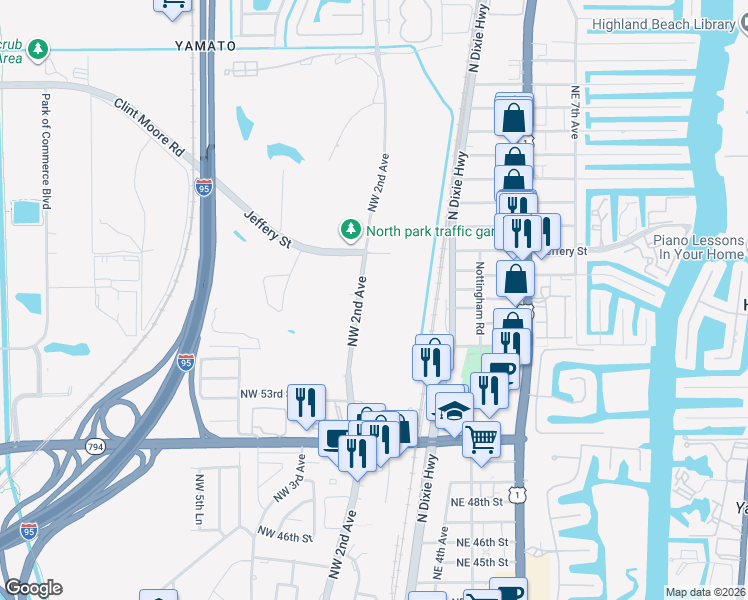 map of restaurants, bars, coffee shops, grocery stores, and more near 5701 Northwest 2nd Avenue in Boca Raton