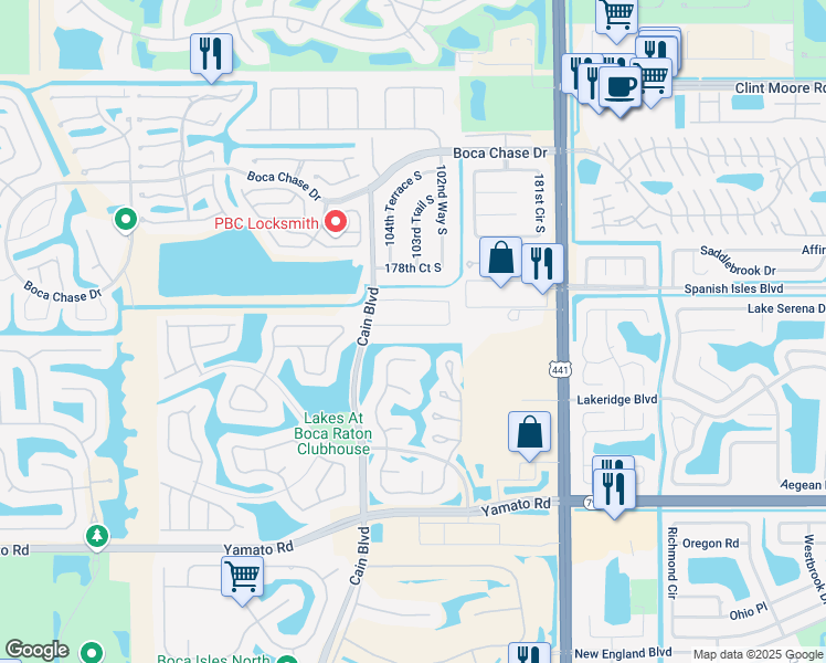 map of restaurants, bars, coffee shops, grocery stores, and more near 10348 186th Court South in Boca Raton