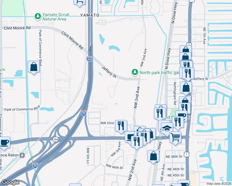 map of restaurants, bars, coffee shops, grocery stores, and more near 5590 Northwest 3rd Terrace in Boca Raton