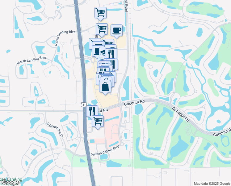 map of restaurants, bars, coffee shops, grocery stores, and more near 8000 Via Sardinia Street in Estero