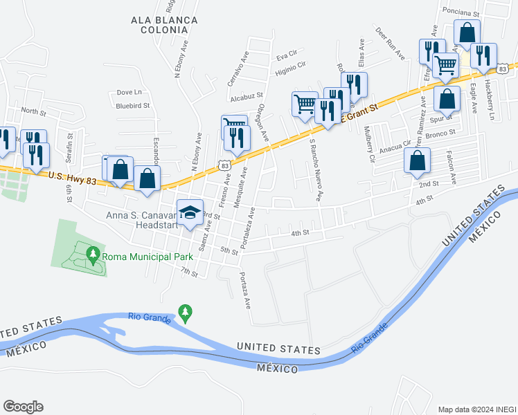 map of restaurants, bars, coffee shops, grocery stores, and more near 1700 2nd Street in Roma