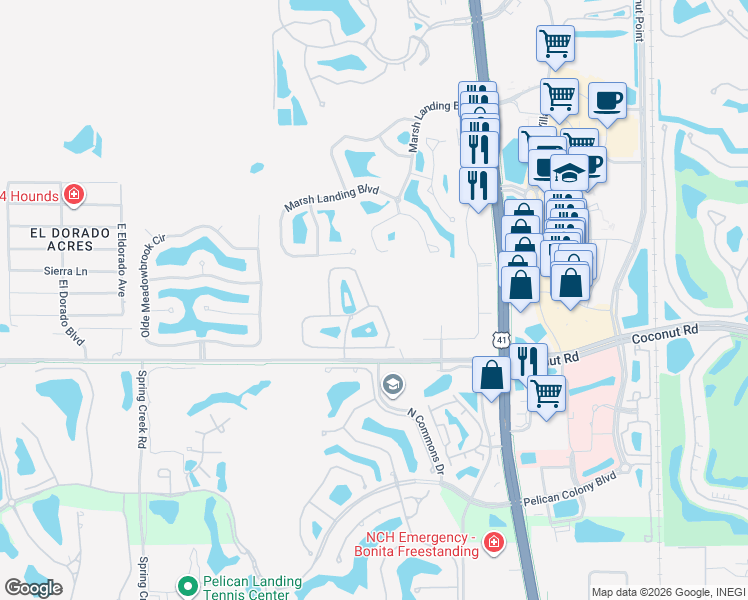 map of restaurants, bars, coffee shops, grocery stores, and more near 23255 Coconut Shores Drive in Bonita Springs
