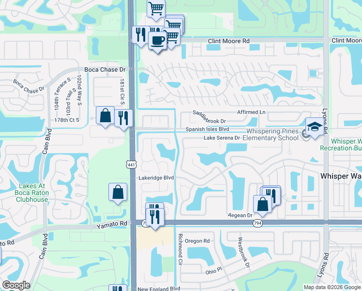 map of restaurants, bars, coffee shops, grocery stores, and more near 9520 Lake Serena Drive in Boca Raton