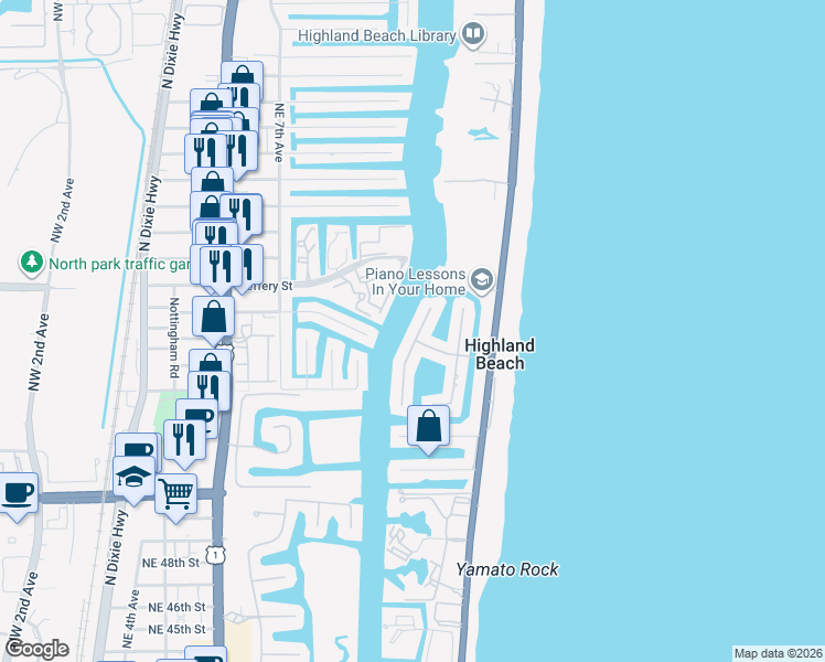 map of restaurants, bars, coffee shops, grocery stores, and more near 4230 Intracoastal Drive in Highland Beach