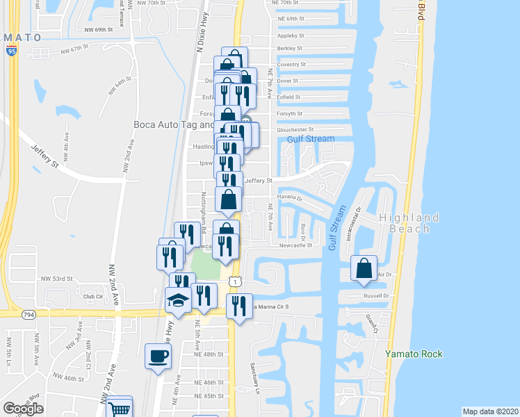 map of restaurants, bars, coffee shops, grocery stores, and more near 647 Northeast Trieste Lane in Boca Raton