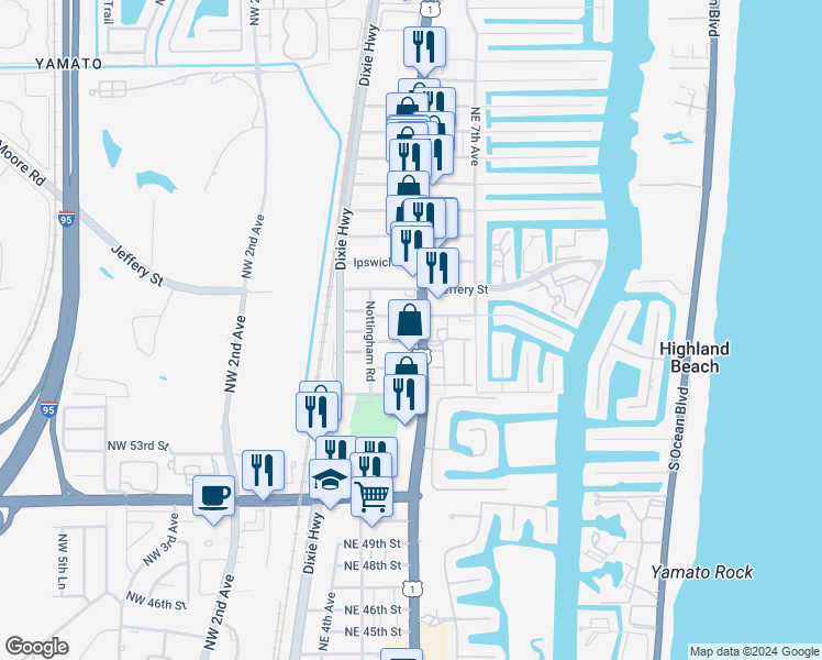 map of restaurants, bars, coffee shops, grocery stores, and more near 5705 Northeast Verde Circle in Boca Raton