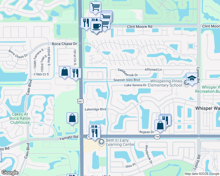 map of restaurants, bars, coffee shops, grocery stores, and more near 9520 Lake Serena Drive in Boca Raton