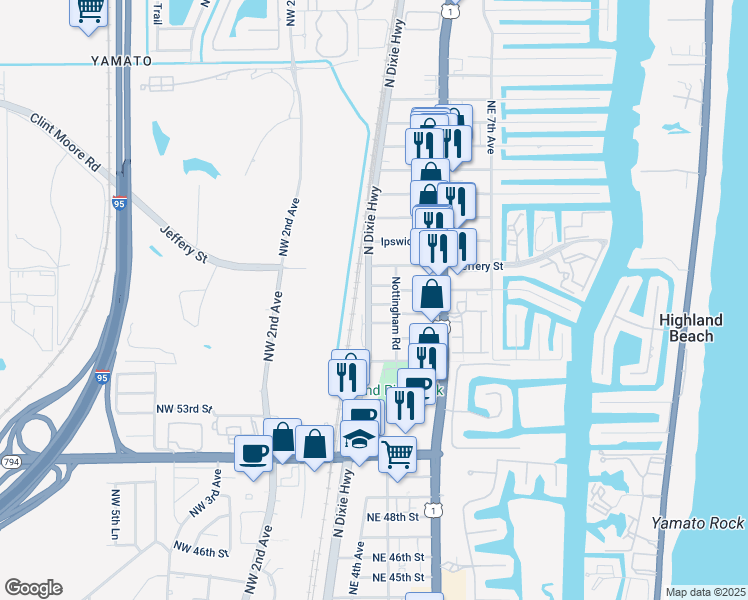 map of restaurants, bars, coffee shops, grocery stores, and more near 151 Manchester Street in Boca Raton