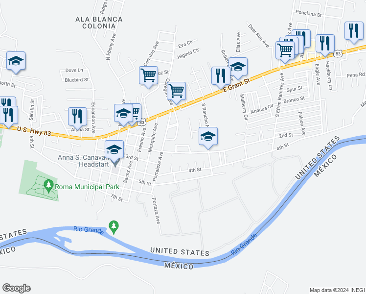 map of restaurants, bars, coffee shops, grocery stores, and more near 1712 2nd Street in Roma