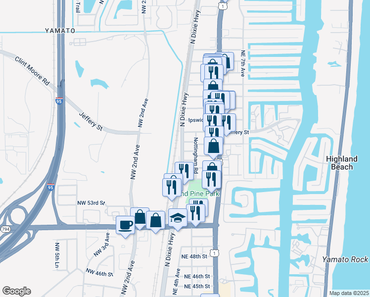 map of restaurants, bars, coffee shops, grocery stores, and more near 151 Manchester Street in Boca Raton